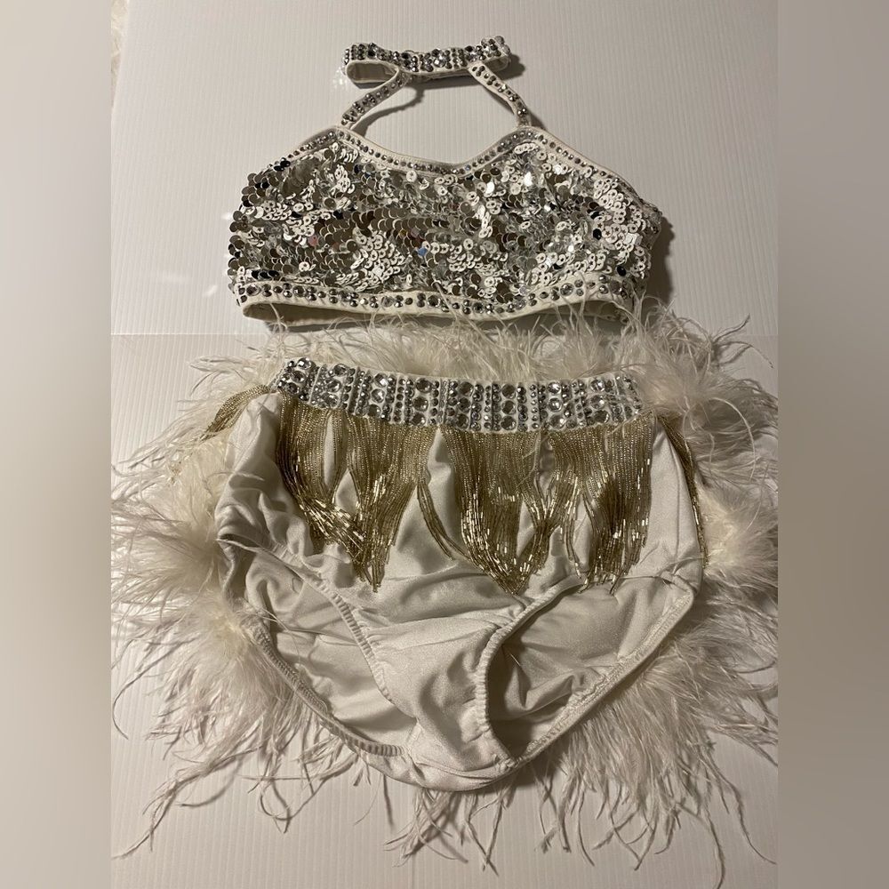 Glamour solo dance costume 2 piece white feather embellished SA-Small adult
